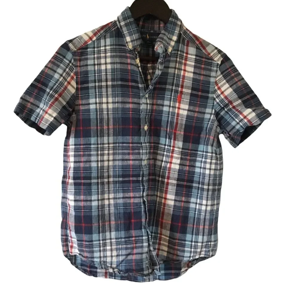 Ralph Lauren Kids Button Down Short Sleeve Blue/White/Red Plaid Shirt Size LG